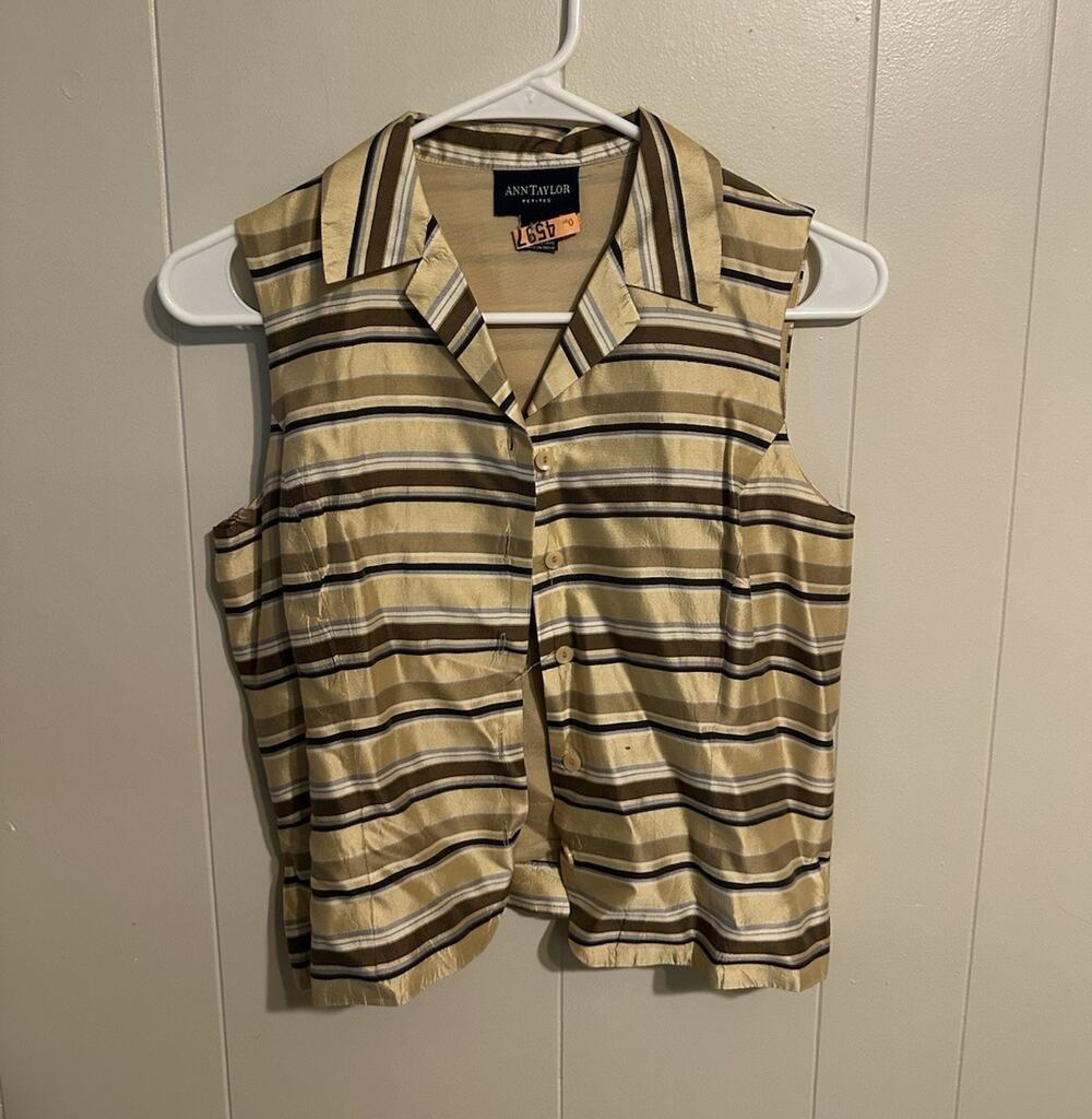 Ann Taylor Petites Women’s 100% Silk 4P Striped Sleeveless Silk Lined Blouse